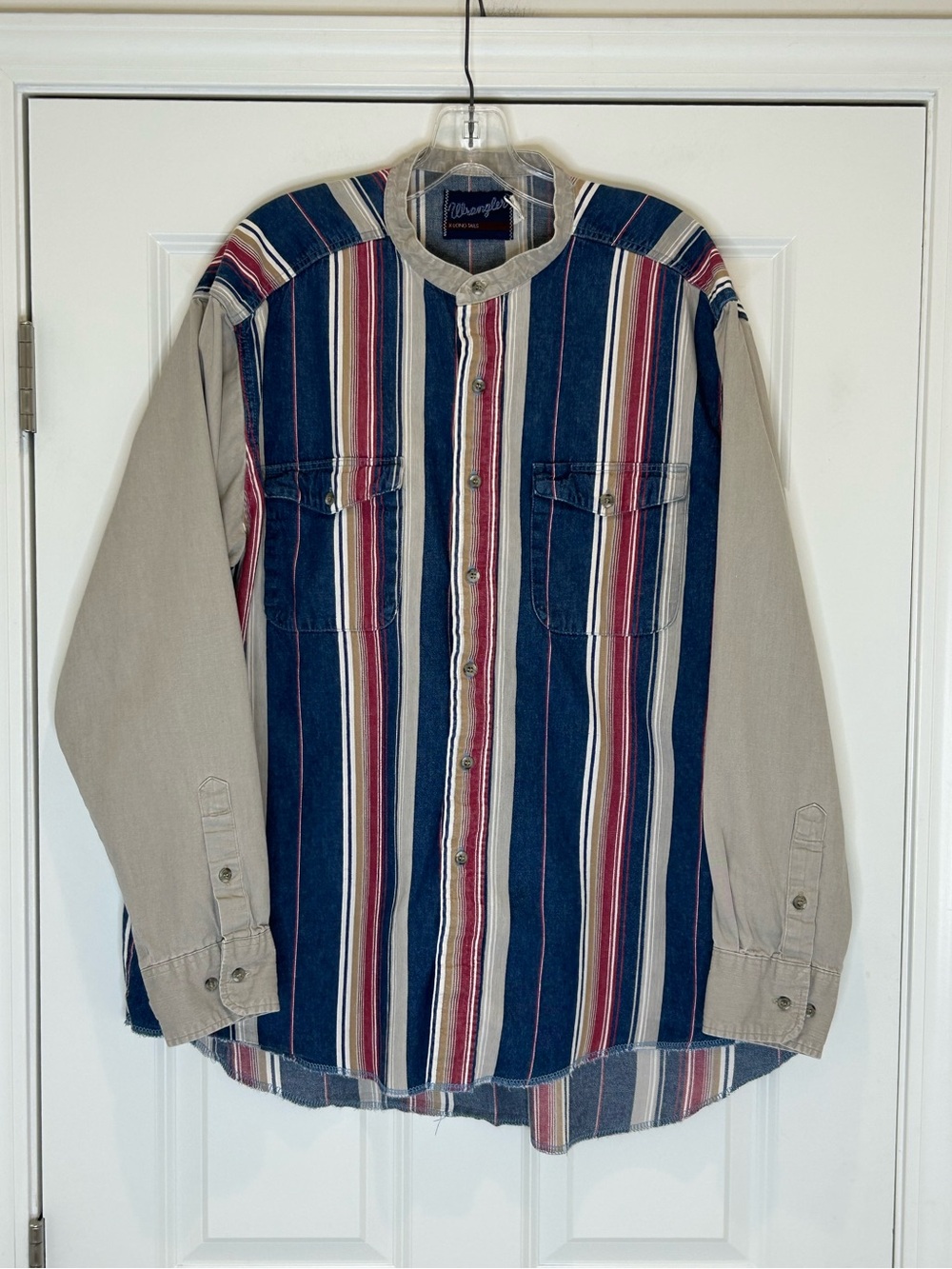 Wrangler X-Long Tails Striped Western Snap Shirt - Blue, Red & Cream Size M